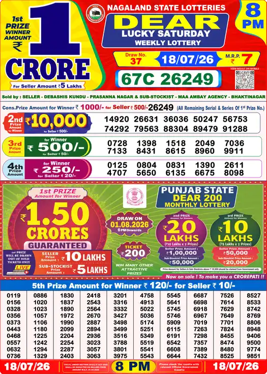 Lottery Sambad Yesterday 8:00 PM Result 18 July 2026