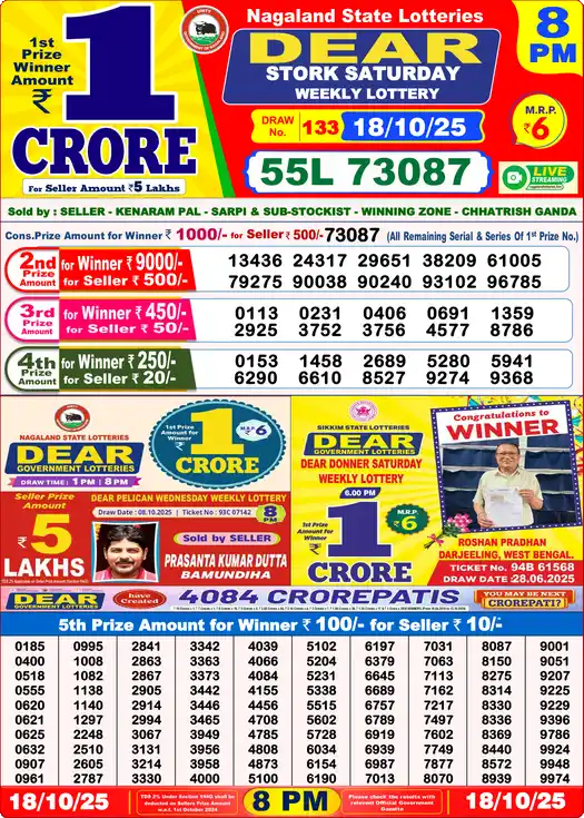 Lottery Sambad 8 PM result 18 Oct 2025