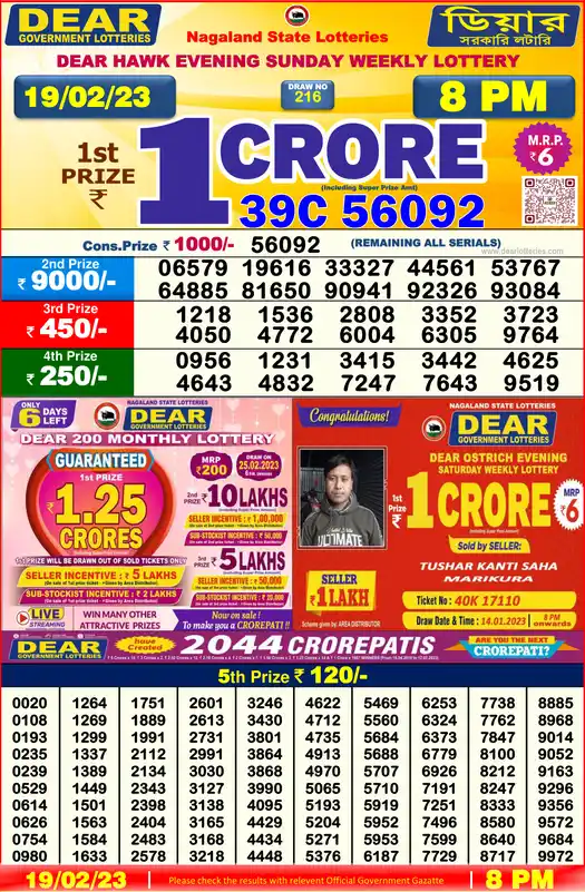 Lottery Sambad 8 PM result 19 Feb 2023