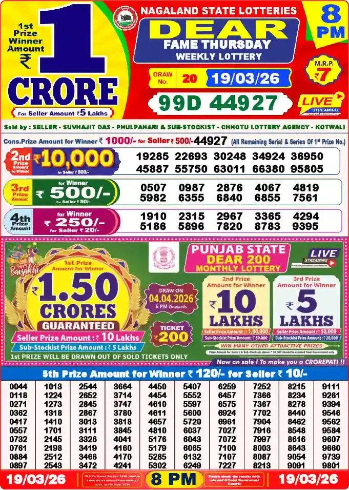 Lottery Sambad 8 PM result 19 Mar 2026