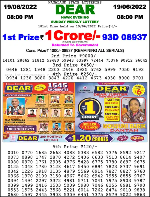 Lottery Sambad 8 PM result 19 Jun 2022