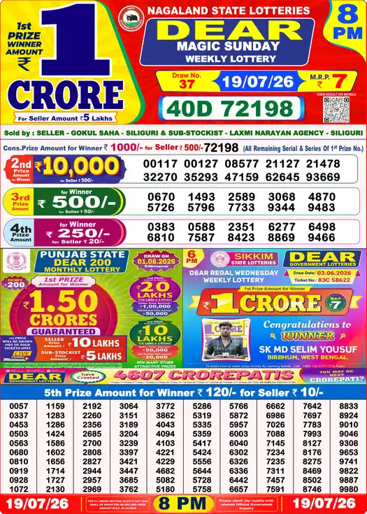 Lottery Sambad Yesterday 8:00 PM Result 19 July 2026