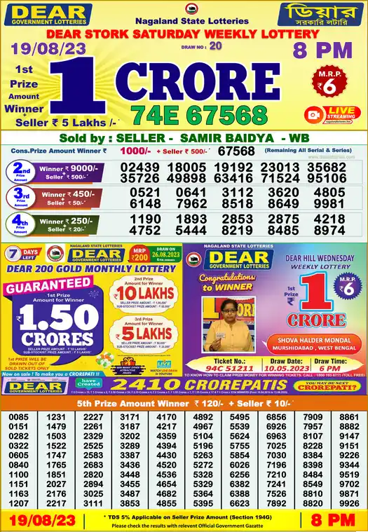 Lottery Sambad 8 PM result 19 Aug 2023
