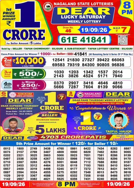 Lottery Sambad 8 PM result 19 Sep 2026