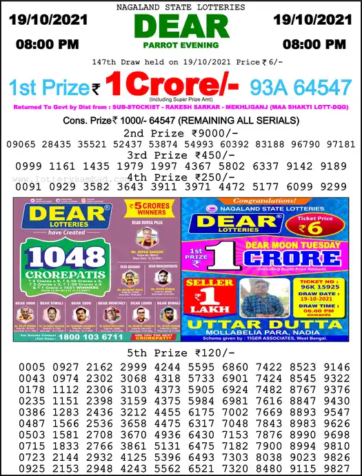 Lottery Sambad 8 PM result 19 Oct 2021