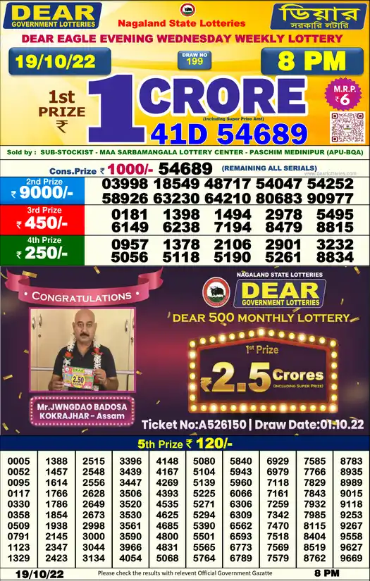 Lottery Sambad 8 PM result 19 Oct 2022