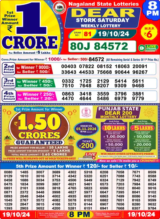 Lottery Sambad 8 PM result 19 Oct 2024