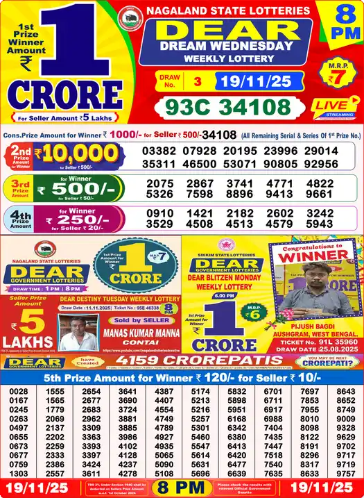 Lottery Sambad 8 PM result 19 Nov 2025