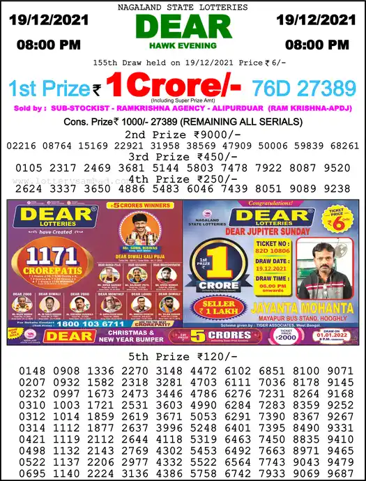 Lottery Sambad 8 PM result 19 Dec 2021