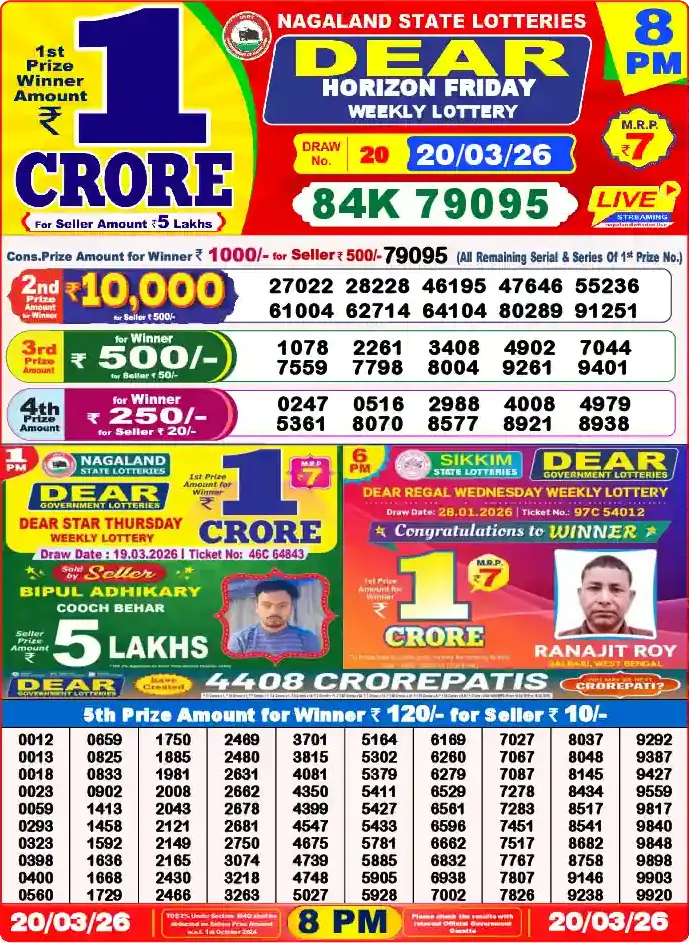 Lottery Sambad 8 PM result 20 Mar 2026