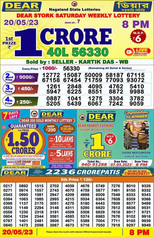 Lottery Sambad 8 PM result 20 May 2023