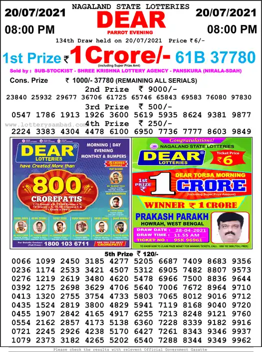Lottery Sambad 8 PM result 20 Jul 2021