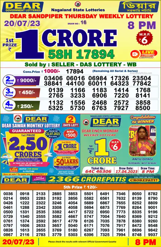 Lottery Sambad 8 PM result 20 Jul 2023