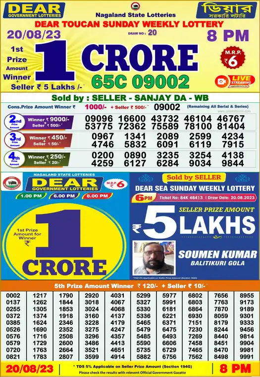 Lottery Sambad 8 PM result 20 Aug 2023