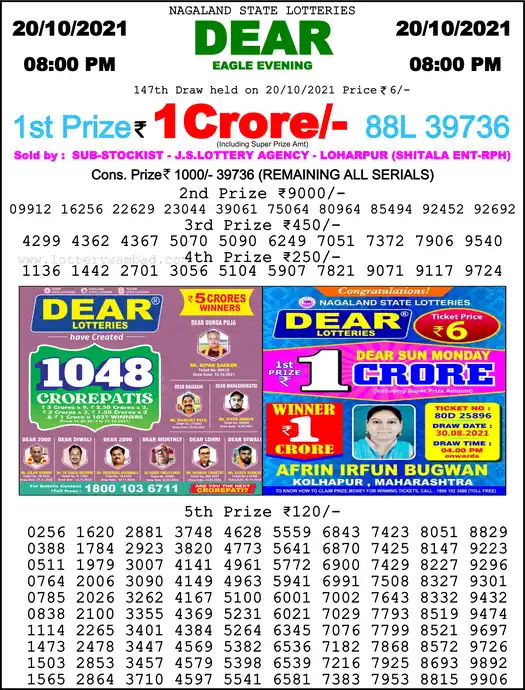 Lottery Sambad 8 PM result 20 Oct 2021