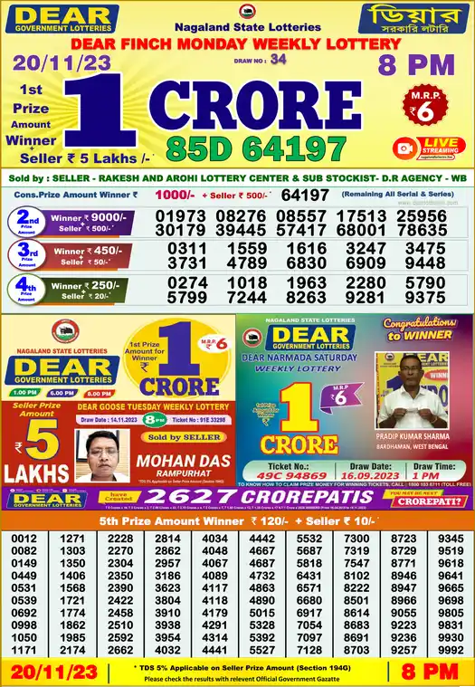Lottery Sambad 8 PM result 20 Nov 2023