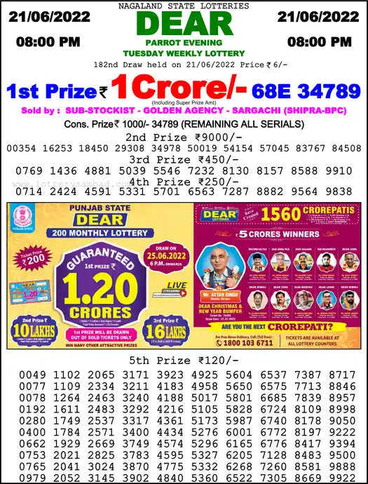 Lottery Sambad 8 PM result 21 Jun 2022