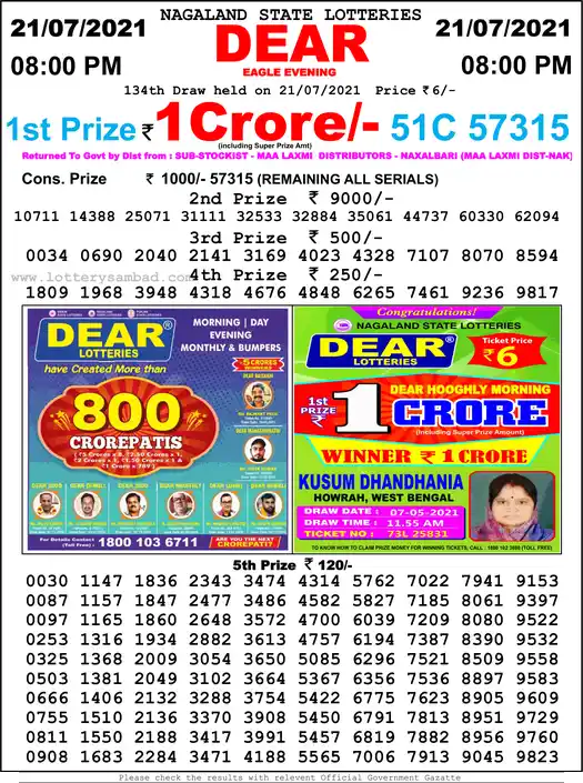 Lottery Sambad 8 PM result 21 Jul 2021