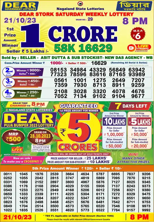 Lottery Sambad 8 PM result 21 Oct 2023