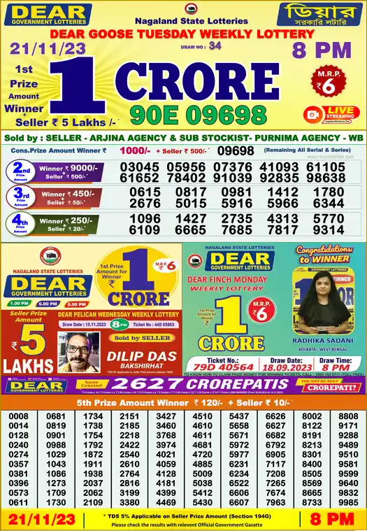 Lottery Sambad 8 PM result 21 Nov 2023