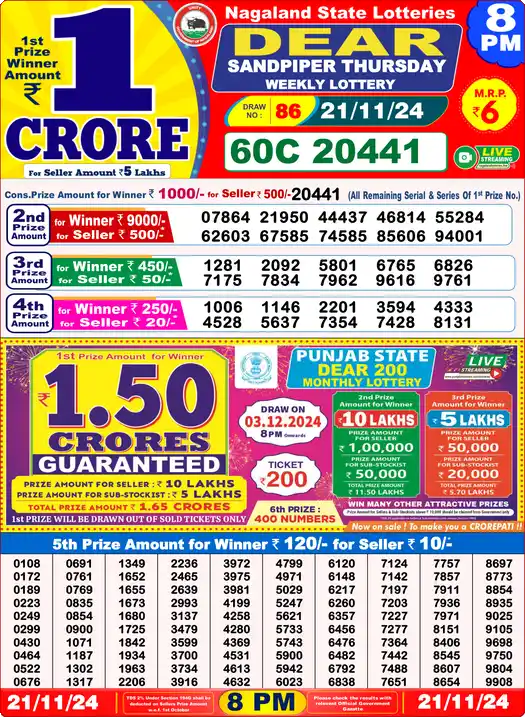 Lottery Sambad 8 PM result 21 Nov 2024