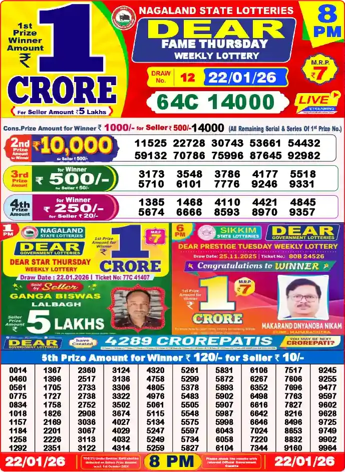 Lottery Sambad 8 PM result 22 Jan 2026