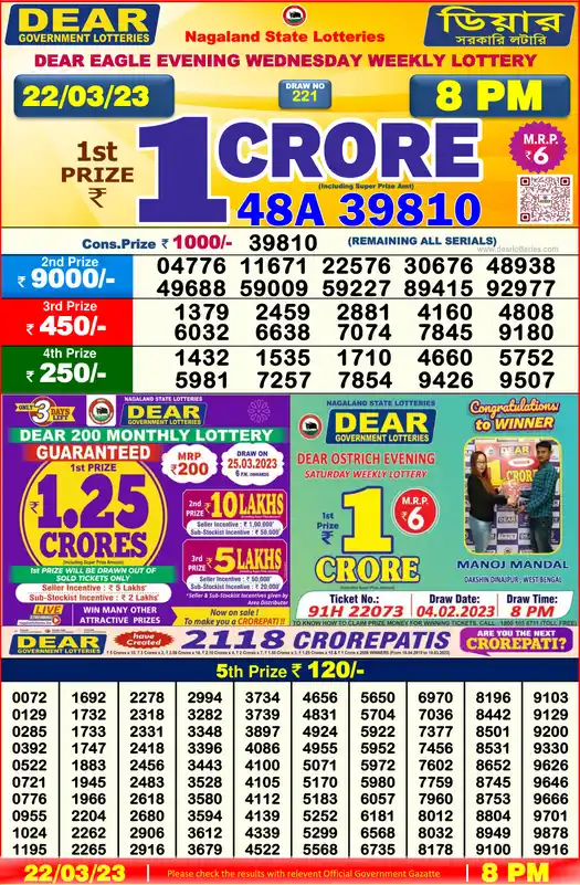 Lottery Sambad 8 PM result 22 Mar 2023