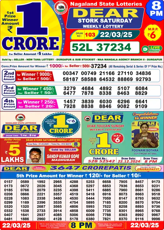 Lottery Sambad 8 PM result 22 Mar 2025