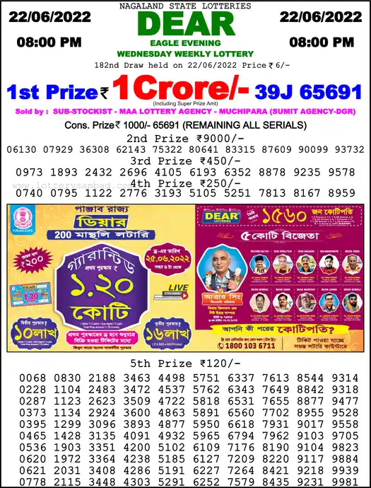 Lottery Sambad 8 PM result 22 Jun 2022