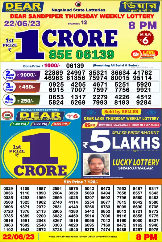 Lottery Sambad 8 PM result 22 Jun 2023