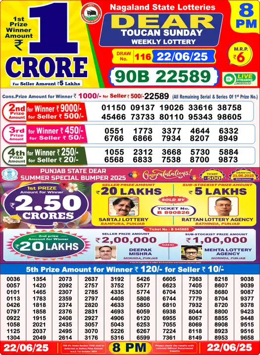 Lottery Sambad 8 PM result 22 Jun 2025