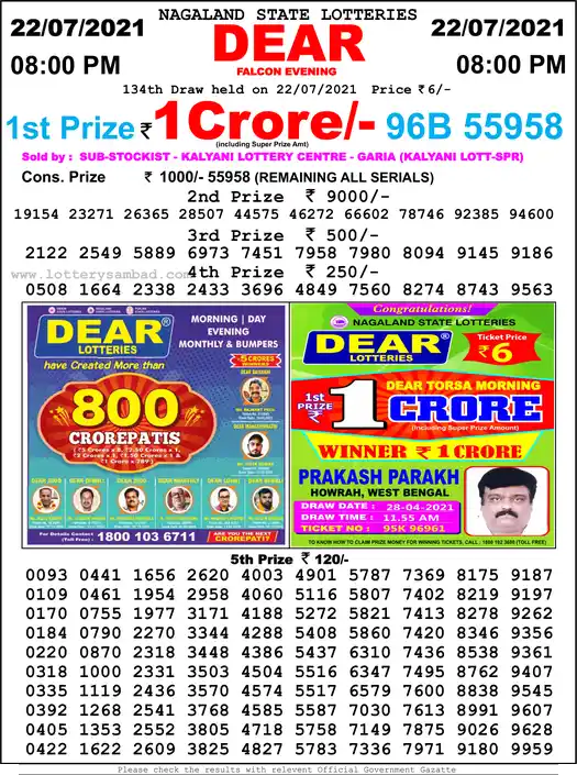 Lottery Sambad 8 PM result 22 Jul 2021