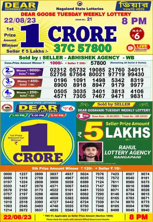 Lottery Sambad 8 PM result 22 Aug 2023