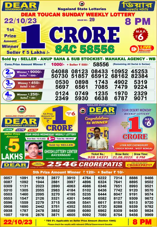 Lottery Sambad 8 PM result 22 Oct 2023