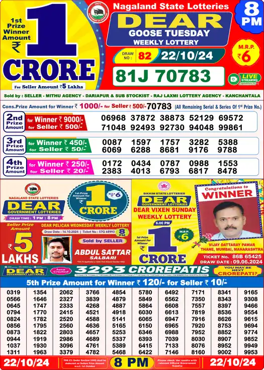 Lottery Sambad 8 PM result 22 Oct 2024
