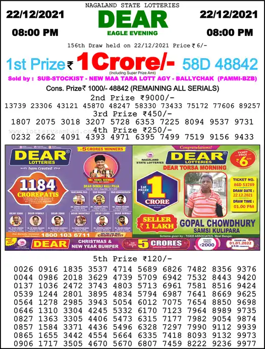 Lottery Sambad 8 PM result 22 Dec 2021