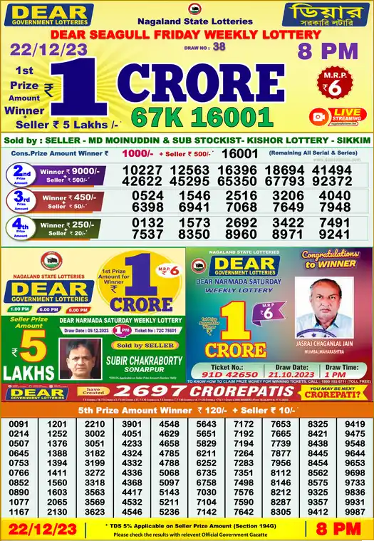 Lottery Sambad 8 PM result 22 Dec 2023