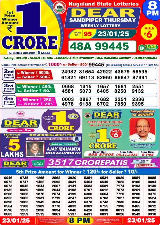 Lottery Sambad 8 PM result 23 Jan 2025