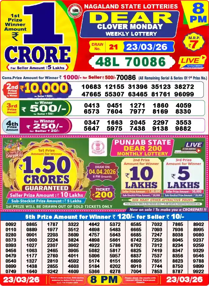 Lottery Sambad 8 PM result 23 Mar 2026