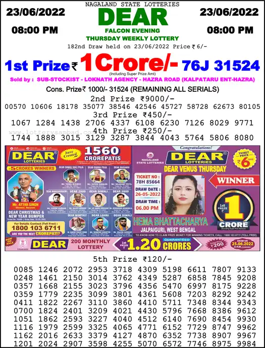 Lottery Sambad 8 PM result 23 Jun 2022