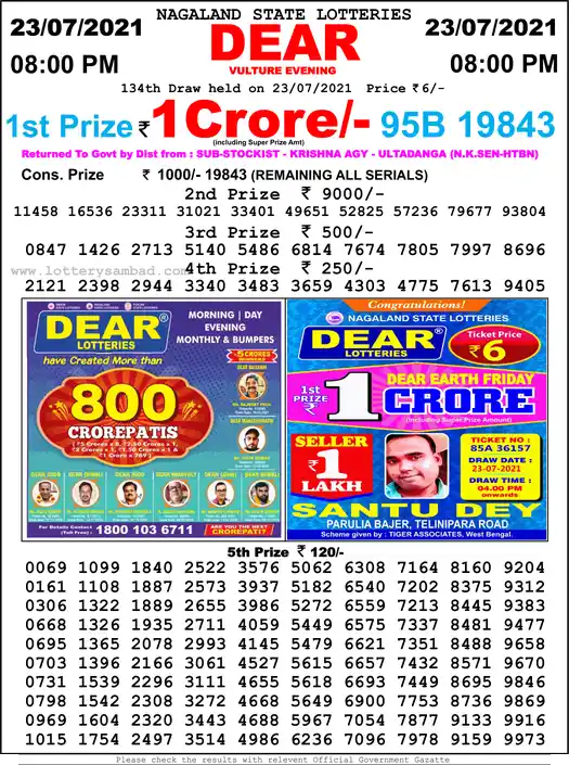 Lottery Sambad 8 PM result 23 Jul 2021