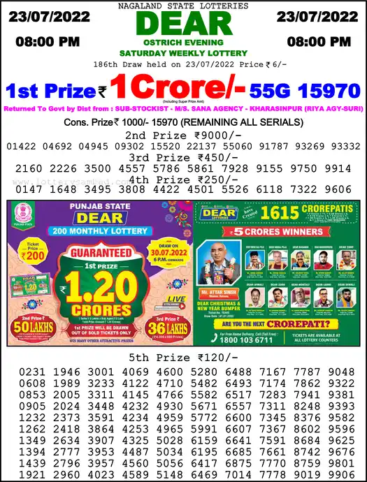 Lottery Sambad 8 PM result 23 Jul 2022