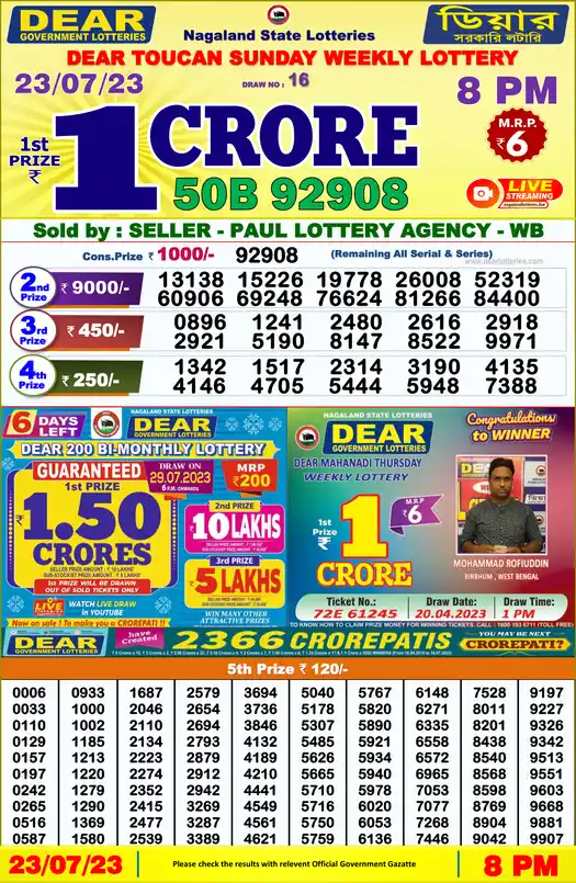Lottery Sambad 8 PM result 23 Jul 2023