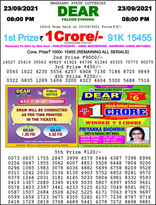 Lottery Sambad 8 PM result 23 Sep 2021