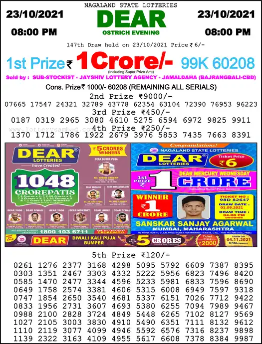 Lottery Sambad 8 PM result 23 Oct 2021