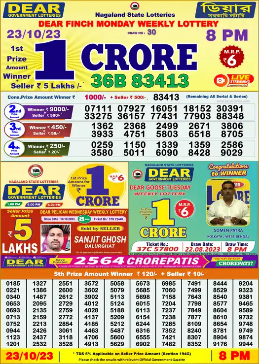Lottery Sambad 8 PM result 23 Oct 2023