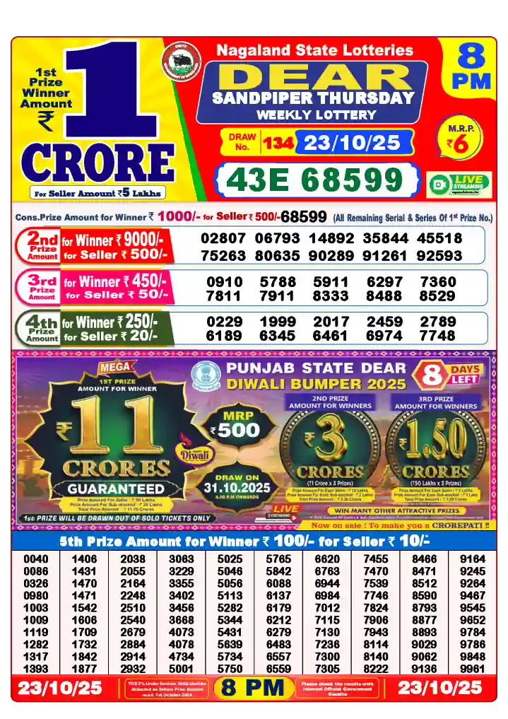 Lottery Sambad 8 PM result 23 Oct 2025