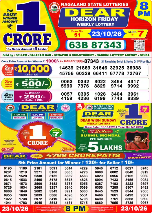 Lottery Sambad 8 PM result 23 Oct 2026