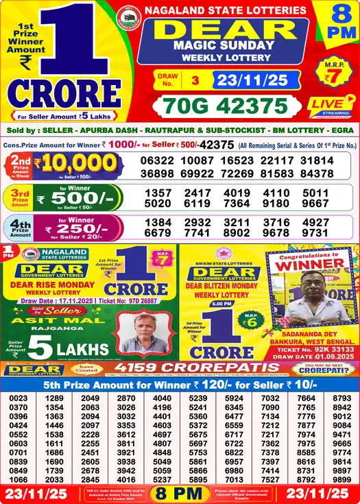 Lottery Sambad 8 PM result 23 Nov 2025