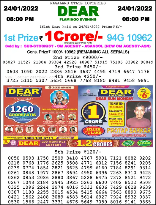Lottery Sambad 8 PM result 24 Jan 2022